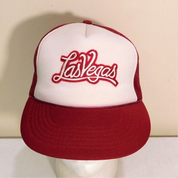 Vintage 80s Las Vegas Trucker Hat OSFA Adjustable Red White Mesh Back - Picture 1 of 7